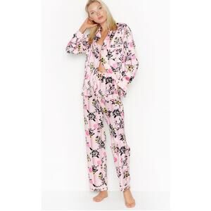 Victoria’s Secret Pink Floral Stripe Print Satin Pajamas Set Large Pjs NWT